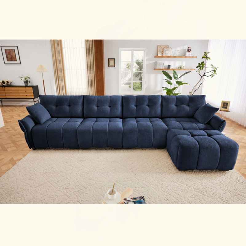 Canapé en tissu d'ameublement avec repose-pieds Chenille, H 35,4 po x l 141,7 po x P 61 po, Bleu