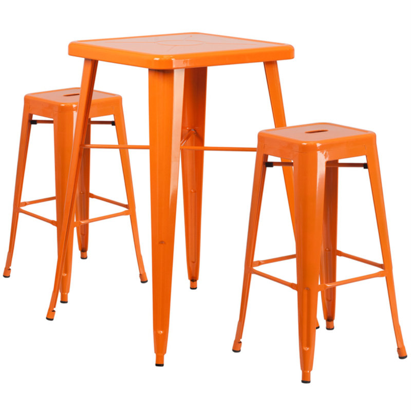 Ensemble de bar carré en métal pour l'intérieur et l'extérieur de 23,75 po avec table et 2 tabourets carrés Gyeong, Orange