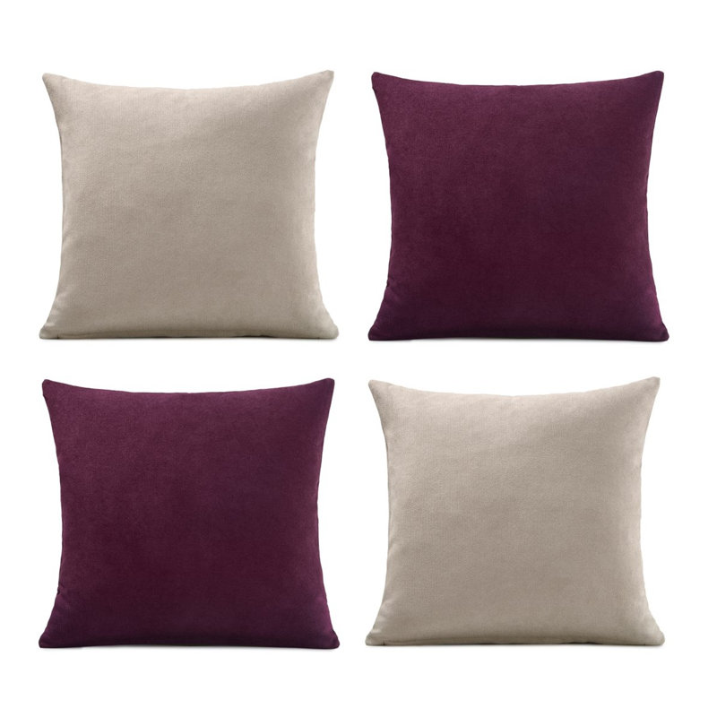 Nalaiyah Velvet Chenille Cushion Covers with Filler Pads, Taupe/Aubergine