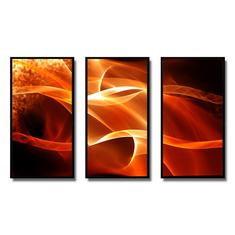 Orange 3D abstrait fractal vagues - ensemble abstrait d'art mural sur toile encadrée de 3, Noir, H 28 po x l 36 po