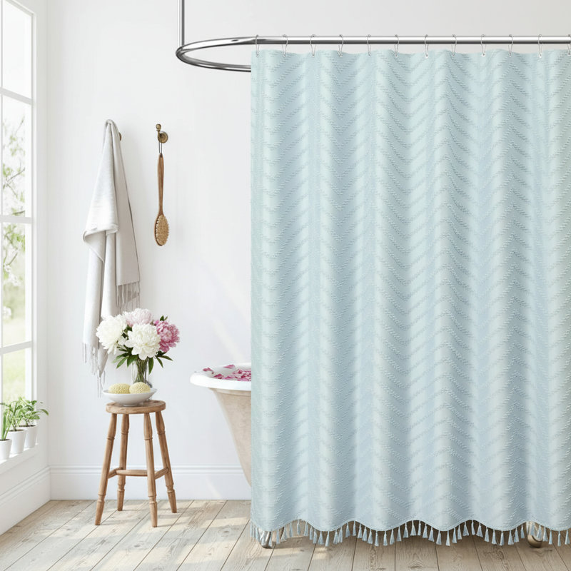 Rideau de douche Boho Farmhouse, Chevron bleu brouillard