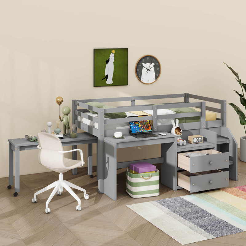Lit mezzanine avec bureau et tiroirs Jianah, Simple, gris