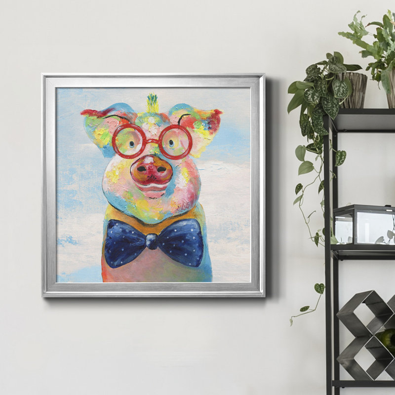 Groovy Pig and Sky - Peinture sur toile encadrée, H 22,5 po x l 22,5 po x P 1,5 po, Encadrement argenté