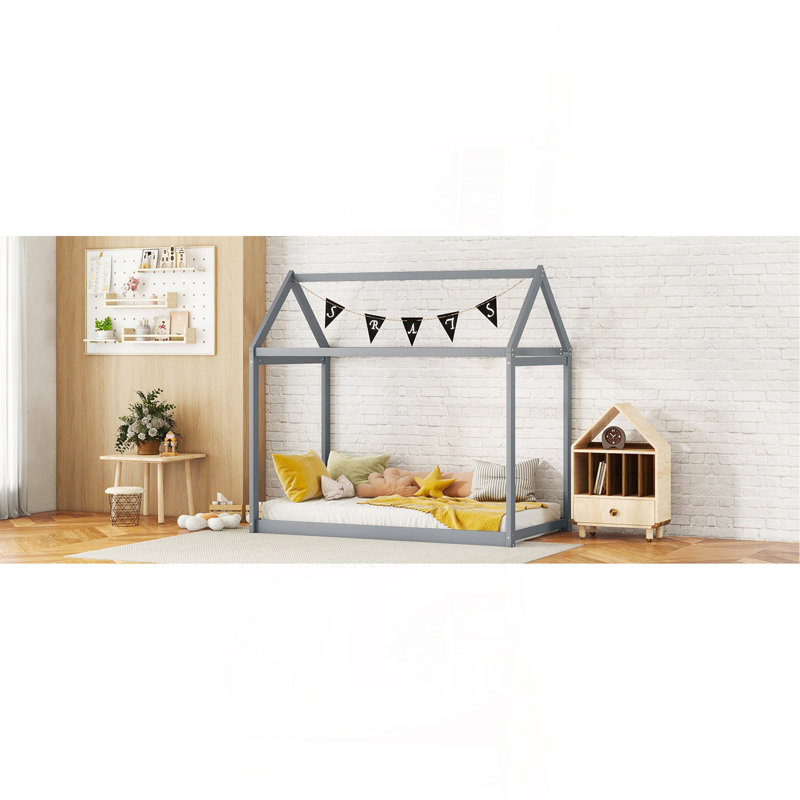 Twin Size Wooden House Bed, Gray
