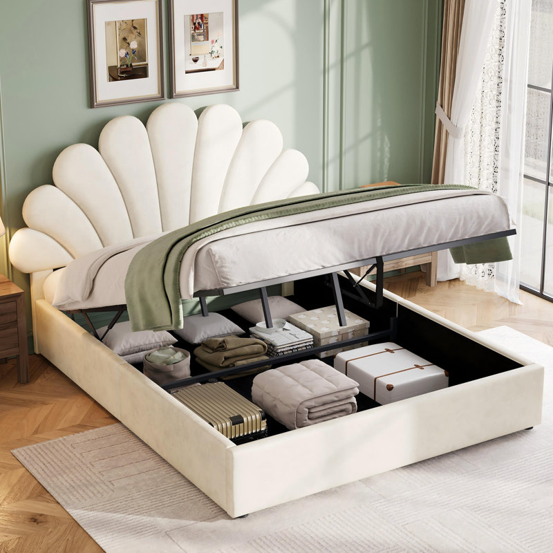 Double Size Ottoman Bed Velvet, White, Double (4'6)