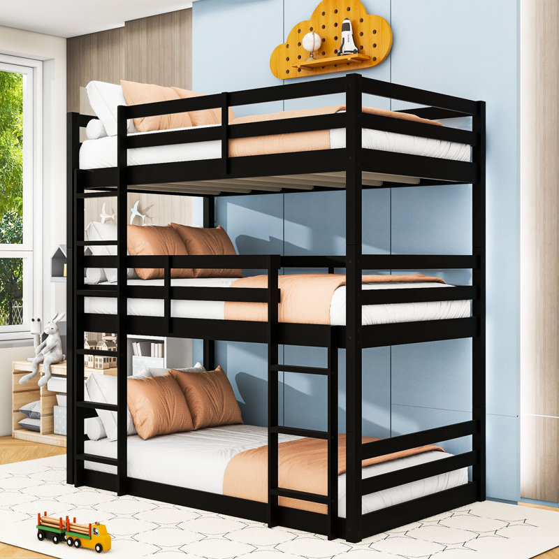 Twin Over Twin Over Twin Wooden Bunk Bed With Detachable Design And Ladder, Black