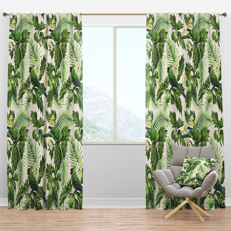 Tropical Leaves with Lemons and Bird - Abstract Curtain - Velvet Room darkening - 1 panel, 52"W x 95"L, Green