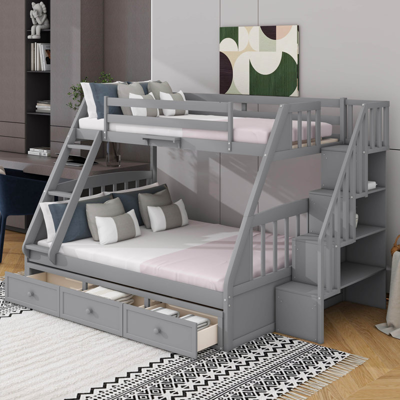 Lit simple superposé au dessus d'un lit double avec tiroirs et escalier de rangement, Gris