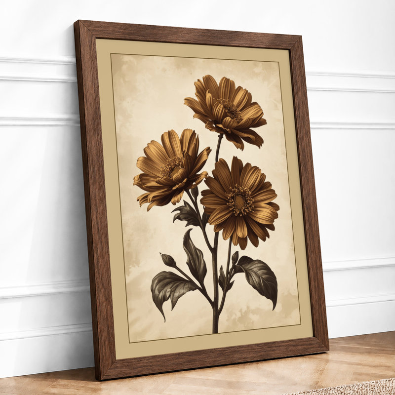 Gerbera Daisies In Ochre Botanical - Print, Walnut, A1 - 84.1 x 59.4 cm