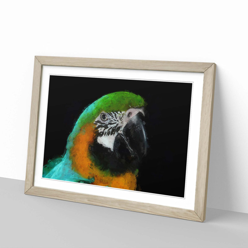 Yellow & Green Macaw Parrot in Abstract - Picture Frame Painting Print, Oak, 60cm H x 91cm W x 2cm D