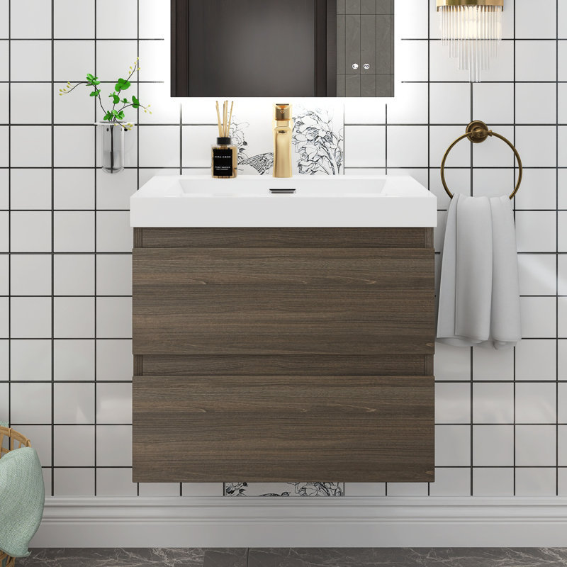 Meuble-lavabo simple avec plateau en résine Teriann, Gris cendré