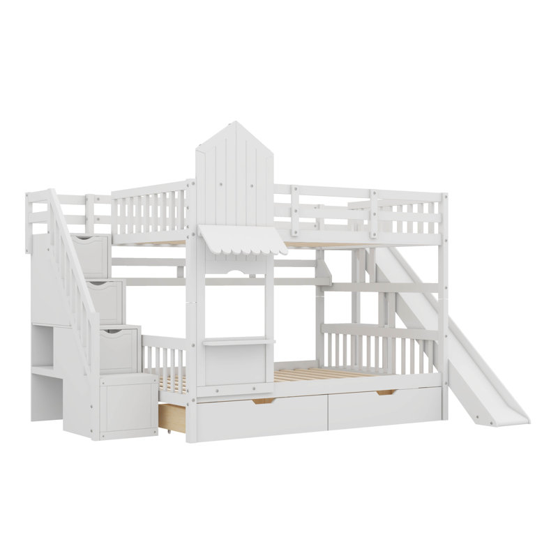 Castle-Inspired Bunk Bed, Wooden Bunk Bed With 2 Drawers & 3 Shelves, Comes With Slide And Storage Steps, Full Over Full