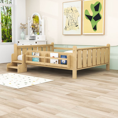 Wood Floor Bed with Storage Bookcases