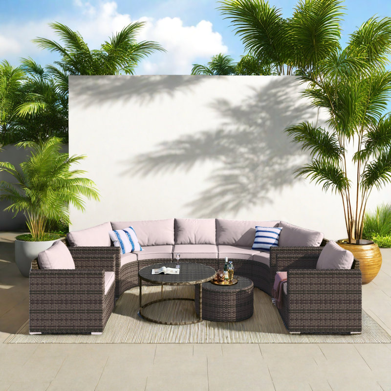 9-pieces Outdoor Half-moon Wicker Conversation Sets With 1 Nesting Coffee Table And Tempered Glass Top
