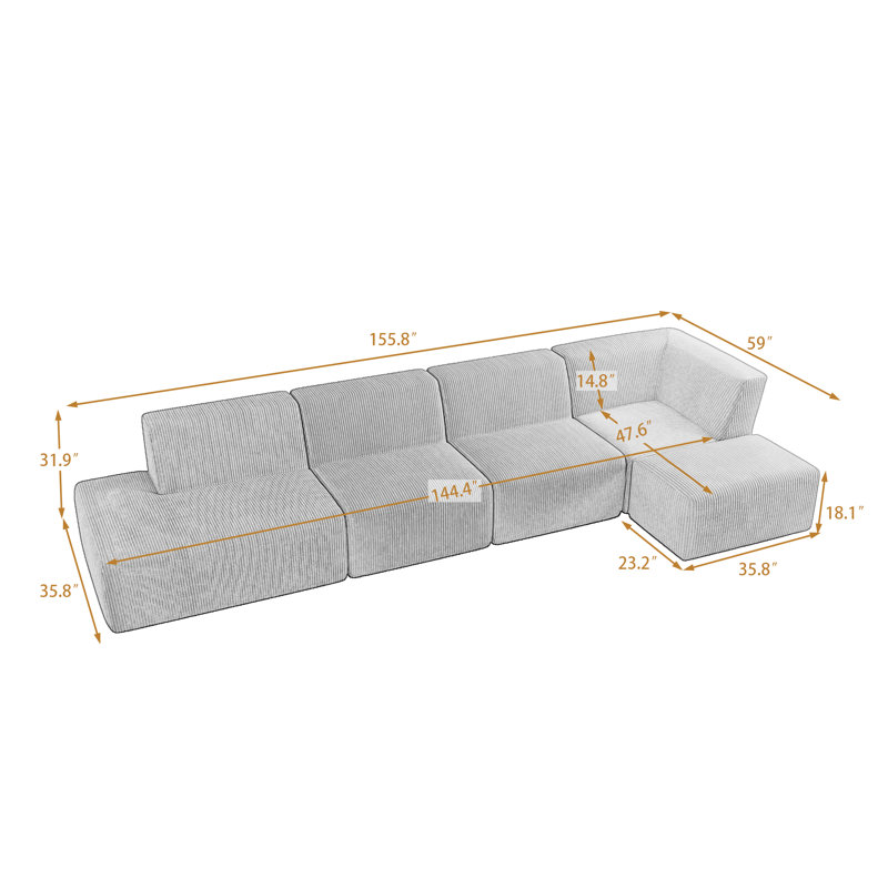 Ensemble de canapé modulaire rembourré en velours côtelé avec repose-pieds Berlare, Velours côtelé gris, Face à la droite
