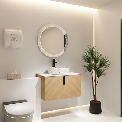 Meuble-lavabo de salle de bain avec lavabo d'art en céramique, comptoir en pierre et deux portes à fermeture en douceur