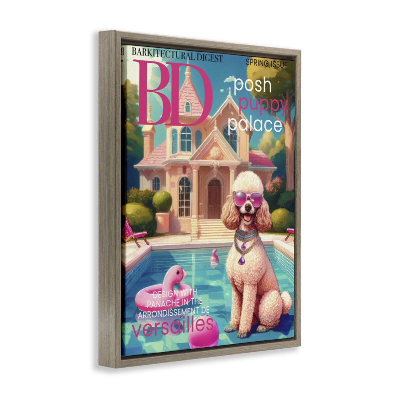 Cadre flottant parodique Poodle Magazine, design par Grotto Studios, Cadre flottant orme Montalcino, H 21 po x l 17 po