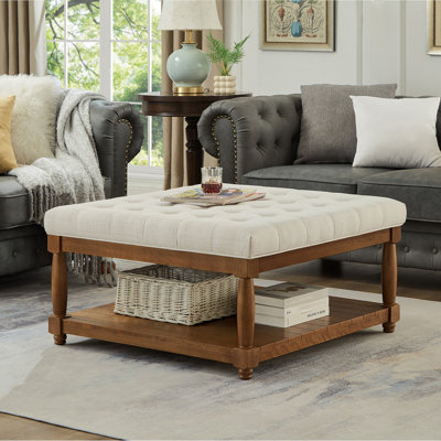 Large Square Upholstered Tufted Linen Ottoman Coffee Table, Large Footrest Ottoman With Solid Wood Shelf- Ivory