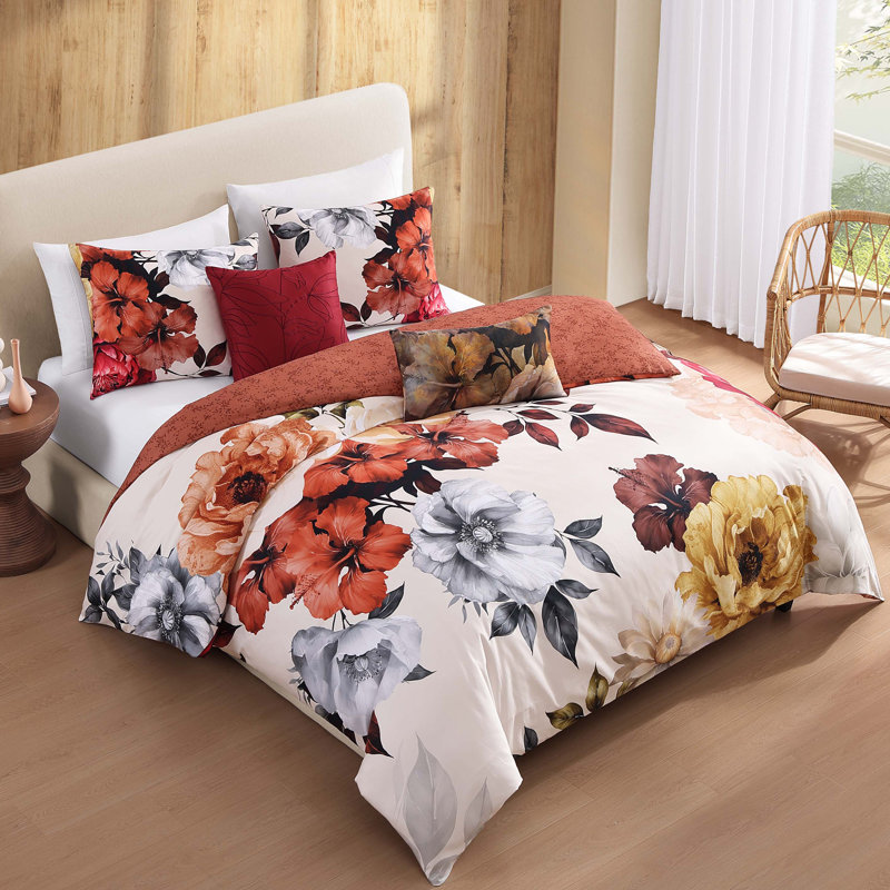 Bebejan Carnelian Flora 5 Piece Reversible Comforter Set, Queen Comforter + 4 Additional Pieces
