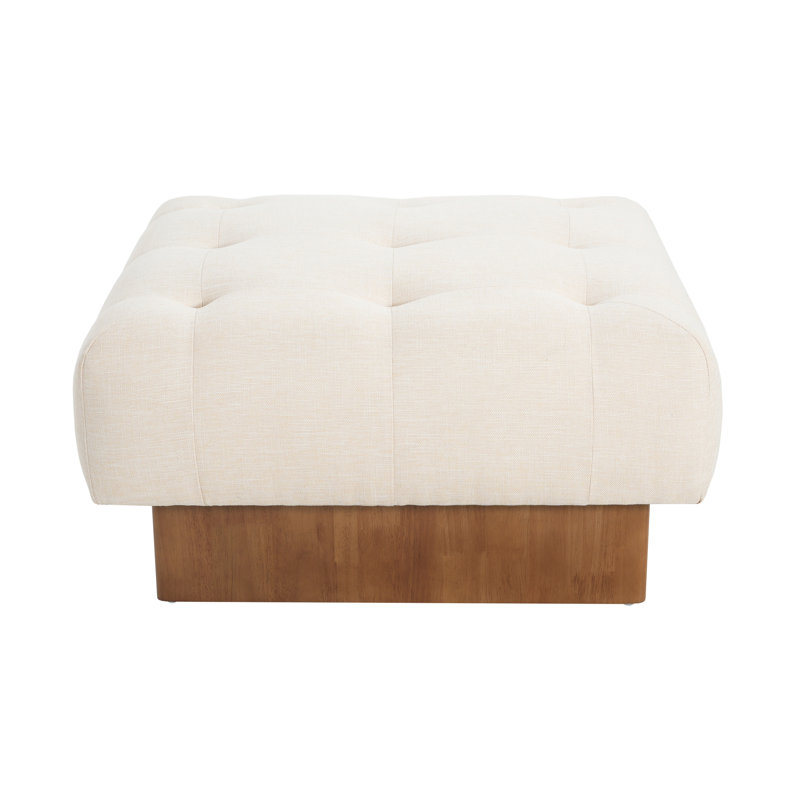 Repose-pieds carré capitonné en mélange de lin beige avec pieds en bois massif