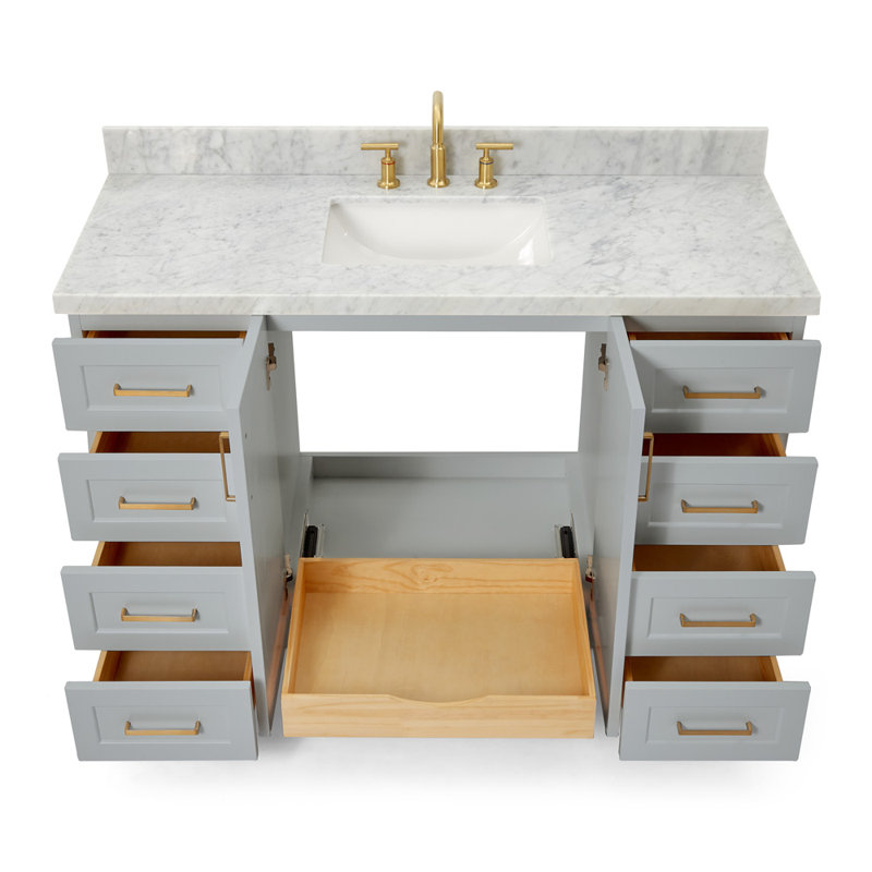Meuble-lavabo simple 55 po en bois massif gris Frawley avec plateau en marbre de Carrare 1,5 po, Rectangulaire, Gris