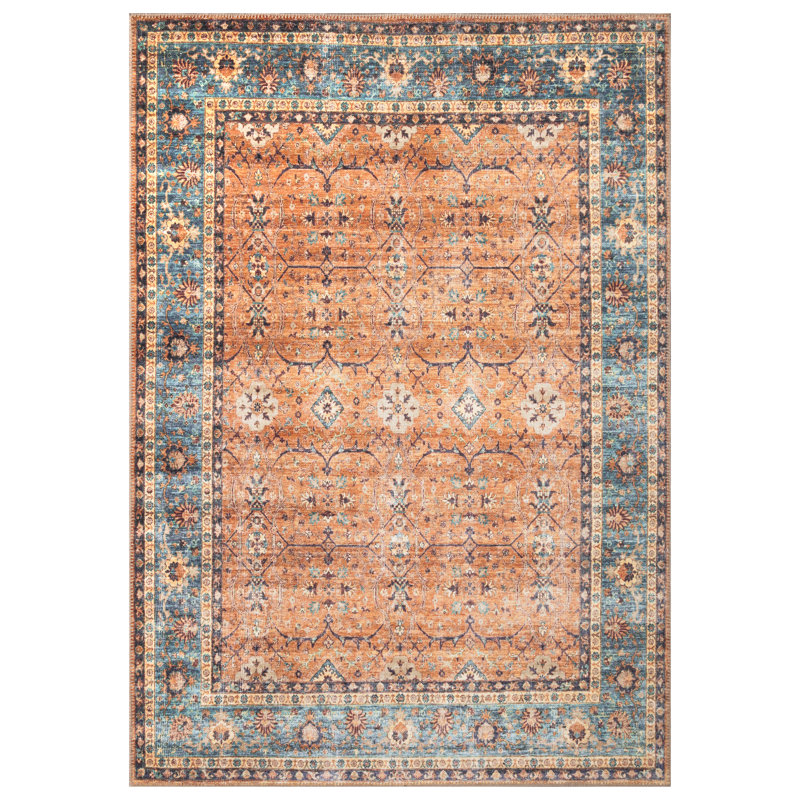  Washable Non-Slip Rug - Orange/Teal Blue Traditional Bordered Runner for Entryway, Hallway, Bathroom, and Kitchen