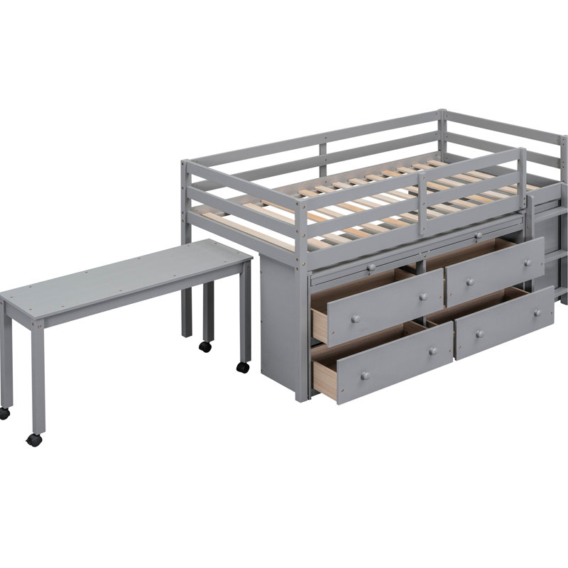 Lit mezzanine simple gris avec bureau portable et tablettes supplémentaires avec rangement, finition, structure en bois massif