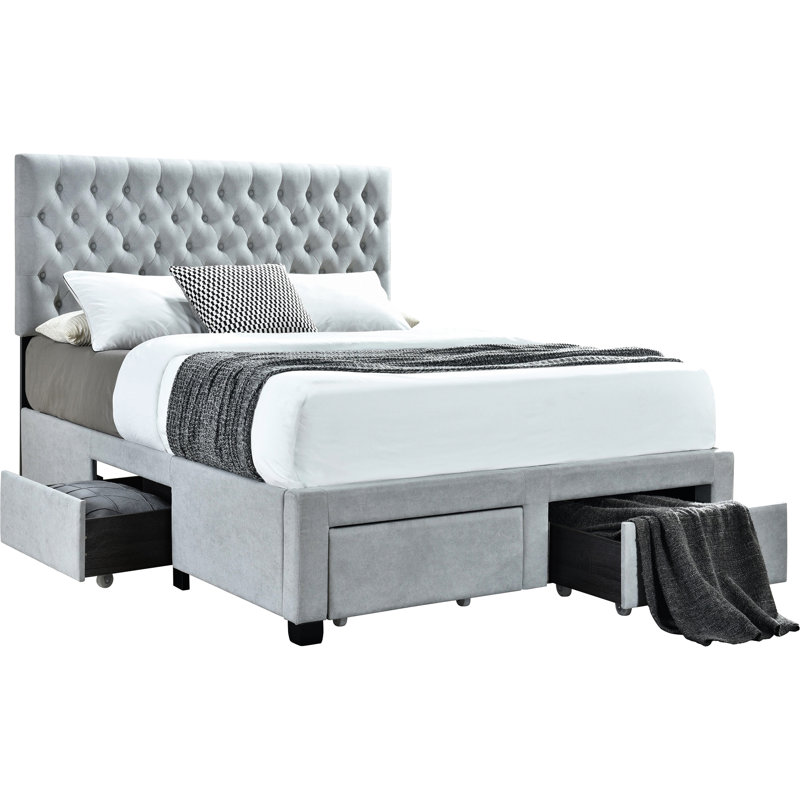 Grey Upholstered Eastern King Bed With 4 Spacious Drawers, Button- Headboard, Frame And Slat Kit For Enhanced Comfort 4 Storage, Soft Fabric, Asian Hardwood