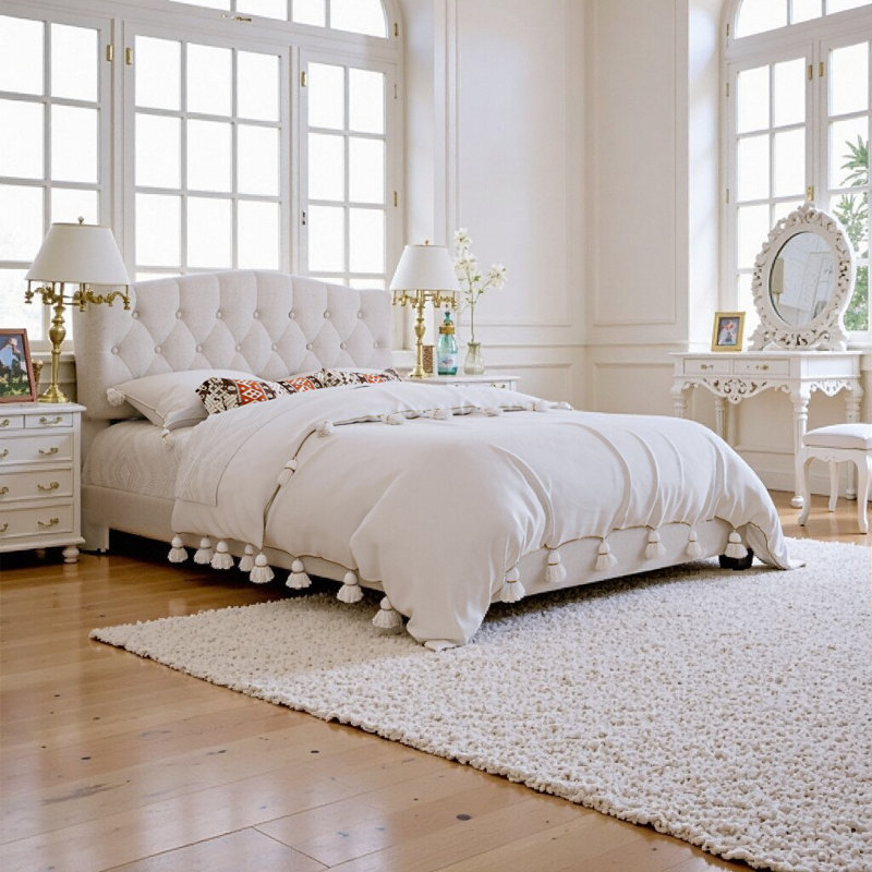 Luxury Beige Upholstered Queen Bed with Adjustable Saddle Headboard & Diamond Tufted Design - No Box Spring Required, Queen