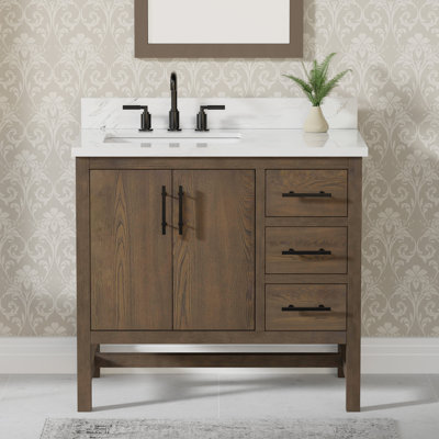 Meuble-lavabo simple Solon de 36 po avec comptoir en pierre frittée Calacatta, évier et dosseret, bois massif, pré-assemblé
