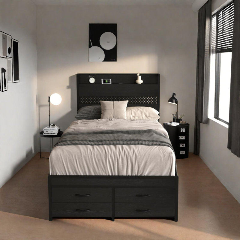 Cadre de lit simple avec tiroirs de rangement et tête de lit, Black