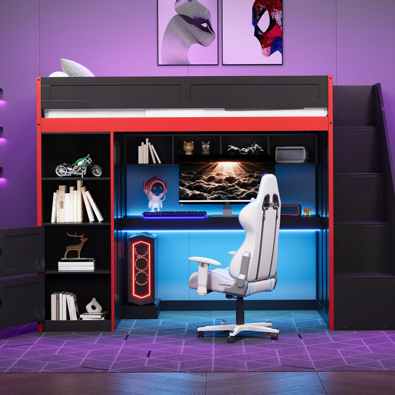 Lit mezzanine pour jouer avec bureau et rangement, lumières DEL, lit simple
