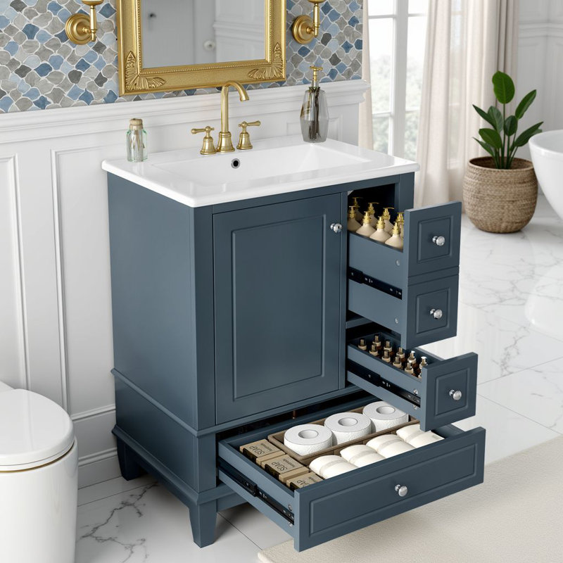 Meuble-lavabo simple autoportant 24 po avec lavabo en céramique, armoire de rangement avec 3 tiroirs et porte, Bleu gris, 24