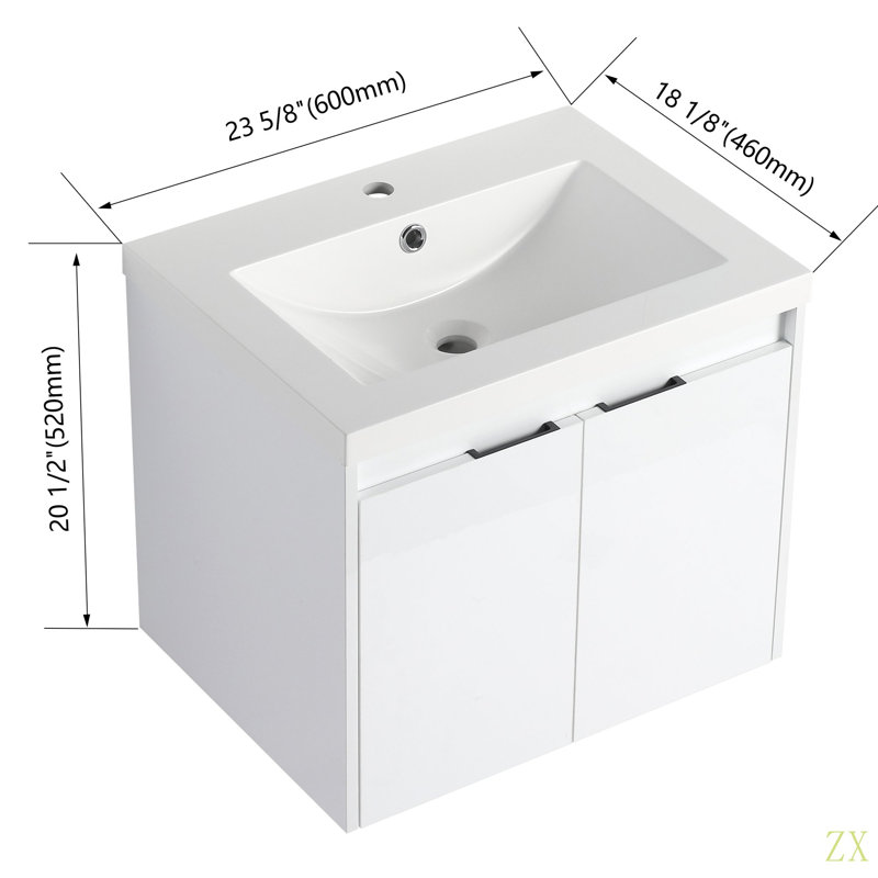 Meuble-lavabo 24 po avec lavabo en résine, 2 portes à fermeture douce, conception à fixation flottante (emballage KD)