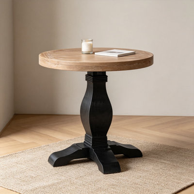Napa Solid Wood Pedestal End Table, Black and Driftwood Finish, Farmhouse Rustic Round Side Table with Thick Plank Top, Sturdy Nightstand for Living Room or Bedroom