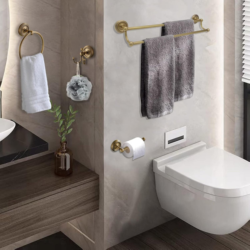 Antique Brass Bathroom Accessories Set - Wall Mounted Towel Holder, Toilet Paper Holder, Towel Ring & Robe Hook - Rust-Resistant Solid Brass Construction With Elegant Brushed Gold Finish