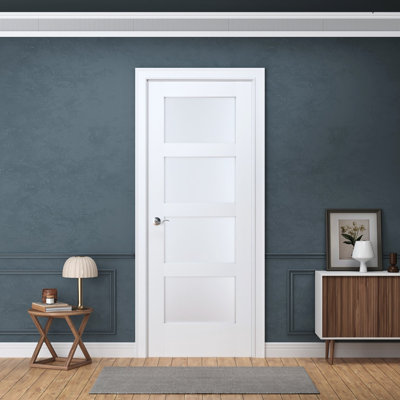 Dalle de porte intérieure seulement (non pré-suspendue), conception en verre givré 4-Lite, apprêté blanc, noyau solide, disponible pré-percé (porte à gauche ou à droite) pour portes battantes ou non pré-percé (poignée de porte réversible) pou