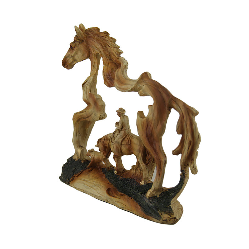 Cowboy In Horse Faux Carved Wood Openwork Statue
