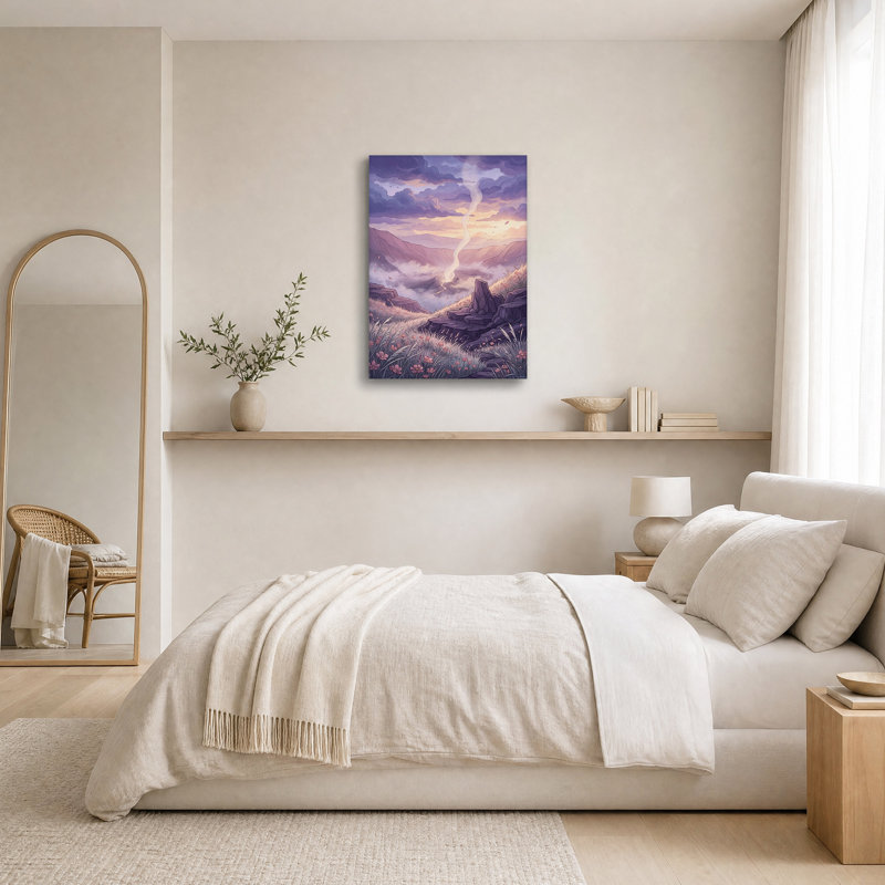 Art sur toile, "Mauve montagne avec fleurs roses", H 24 po x l 16 po