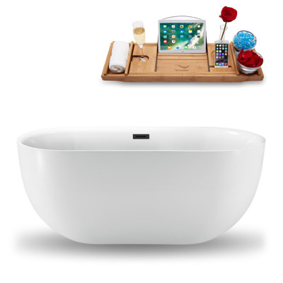 59" Streamline Freestanding Soaking Acrylic Bathtub With Drain and Bamboo Tray