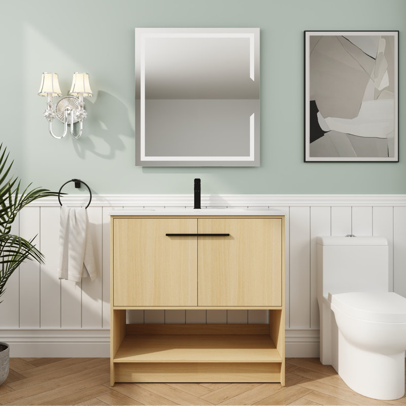Meuble-lavabo 36 po avec lavabo en céramique, armoires à fermeture douce, Naturel