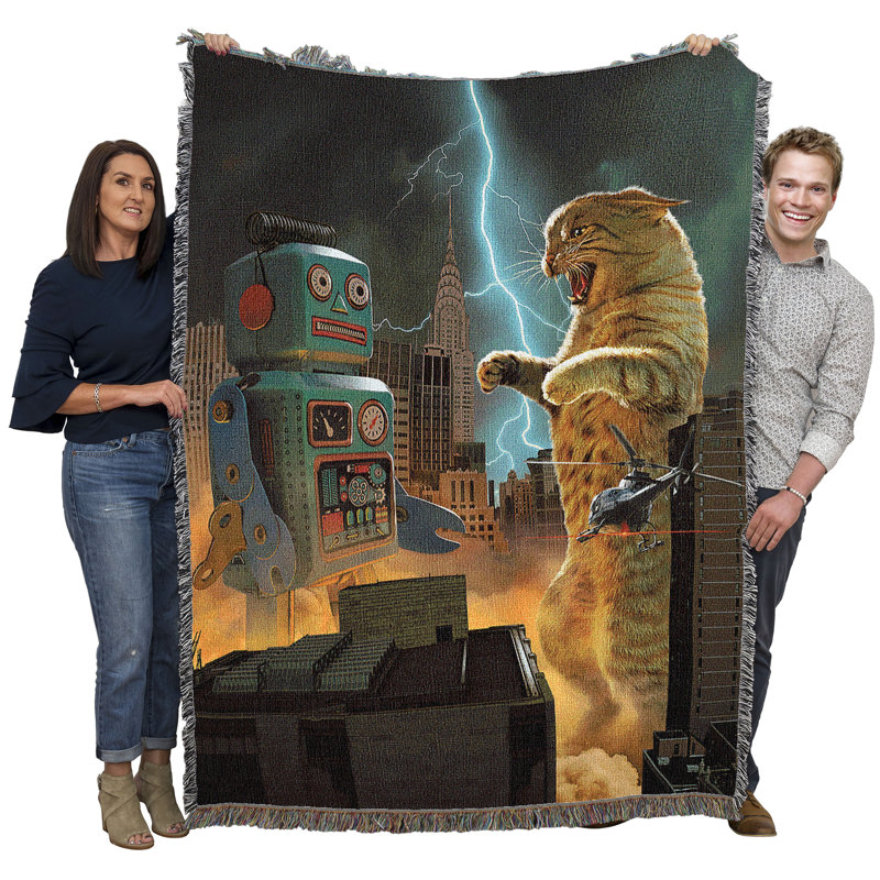 Couverture de robot Pure Country Weavers Catzilla Vs par Vincent HIE - Godzilla Robot Movie Parady - Joli cadeau tapisserie amusant en coton tissé - fabriqué aux États-Unis (72 x 54)