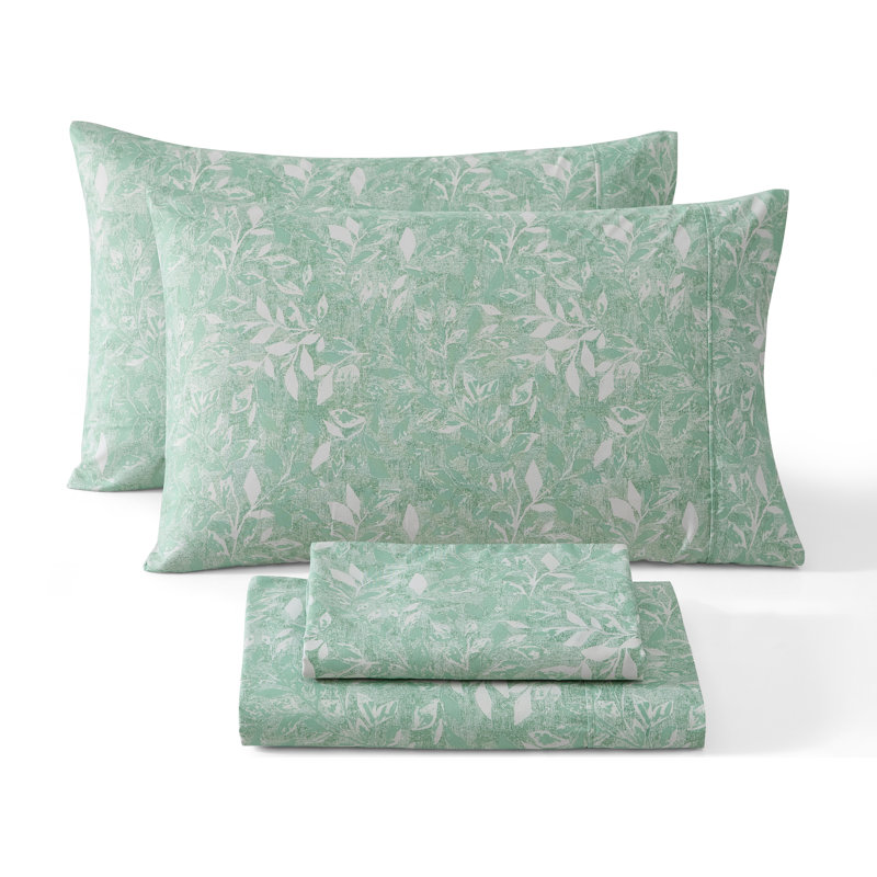 HLC.ME Leaves Printed Floral Bed Sheets - 4 Piece Patterned Bed Sheet Set - Wrinkle Resistant & Soft - Fits Mattresses Up To 15 Inches Deep (Queen, Green)