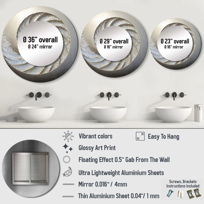«Regimio Silver Swirl Shell Fish I» - miroir mural décoratif Nautilus, 36 po x 36 po