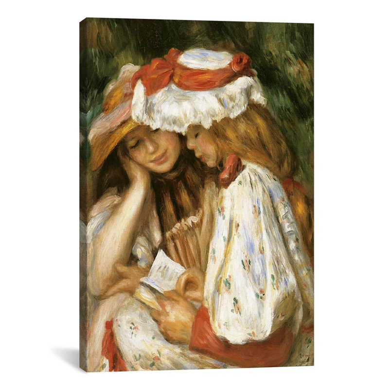 « two filles reading » par pierre-auguste renoir, reproduction d’art sur toile tendue, H 26 po x l 18 po x P 1,5 po