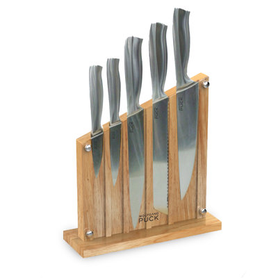 Ensemble de couteaux en acier inoxydable 6 pièces avec porte-couteaux Wolfgang Puck; Lames en acier inoxydable au carbone et poignées ergonomiques; Bloc de bois blond avec bouclier de sécurité en acrylique; Ensemble de coutellerie et couteaux Chef
