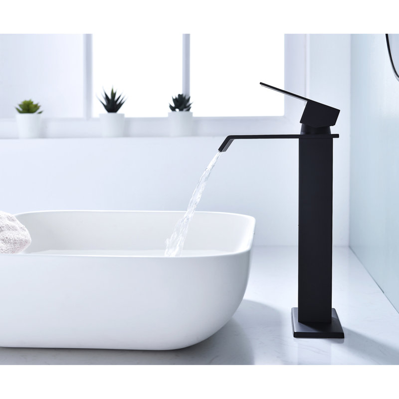Robinet de salle de bain avec bec cascade, poignée simple, acier inoxydable noir mat, et 1,2 GPM, robinet de lavabo à bonde escamotable, noir, vérifié, rouille, débit GPM,