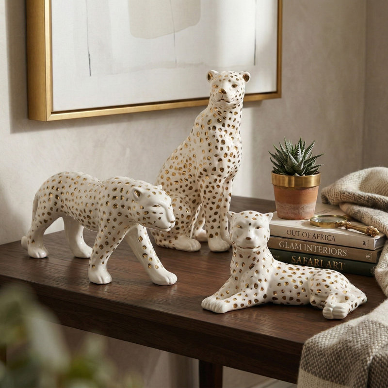 Set of 3 Decorative Ceramic Leopard Figurines – Modern Animal Sculptures for Home Decor, Coffee Table, Shelf or Console Display – White & Gold