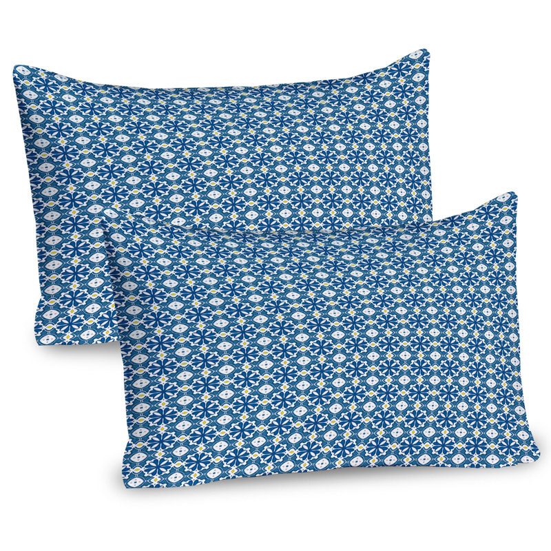 Portuguese Tile Art Navy Blue Yellow Microfiber Pillow Sham Set