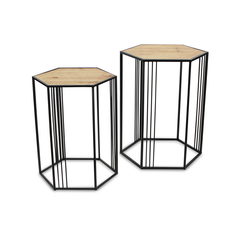Set Of Two 24" Black And Brown Solid Wood And Steel Hexagon Nested Tables
